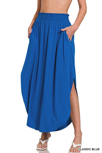 SMOCKED WAIST SIDE SLIT MAXI SKIRT