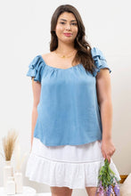 CURVY CHAMBRAY RUFFLE TOP