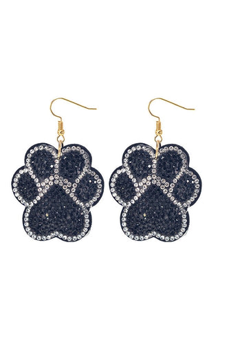 Black Crystal Paw Print Puffy Hook Earrings