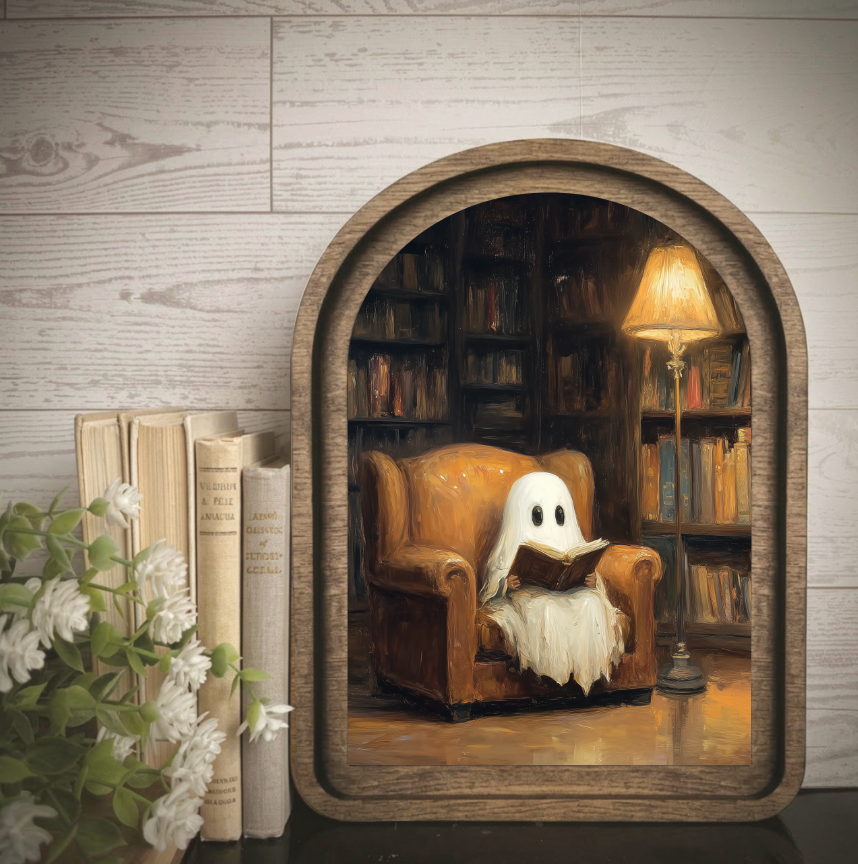 Arch Frame Art Ghost Book Library | Moody Wood & Canvas: Small